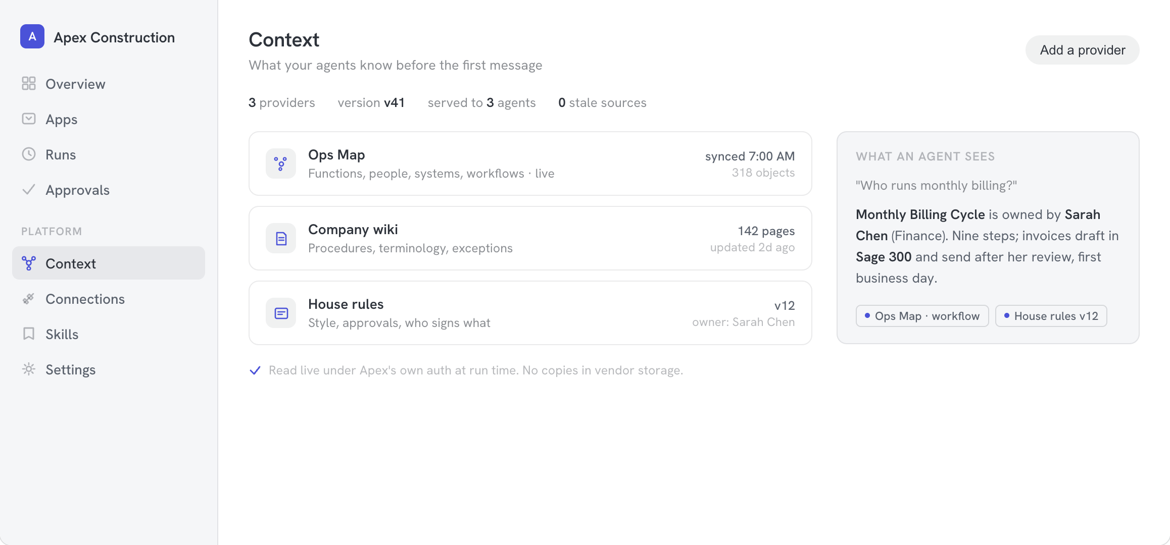 Context providers in Agent Base: Ops Map, the company wiki, and house rules, versioned and served to three agents