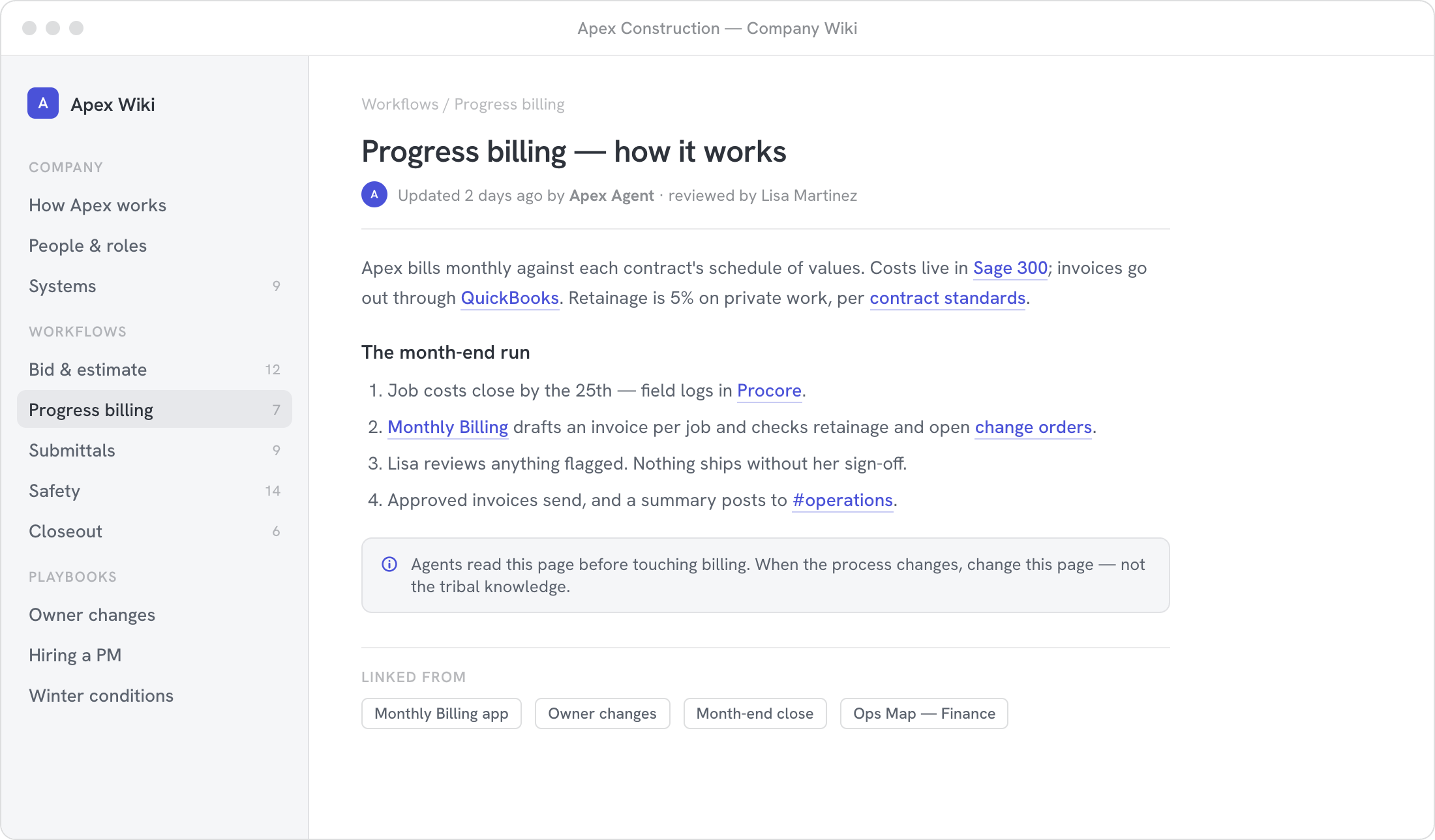 A knowledge base page on progress billing: updated by an agent, reviewed by a person, linked to the work it describes